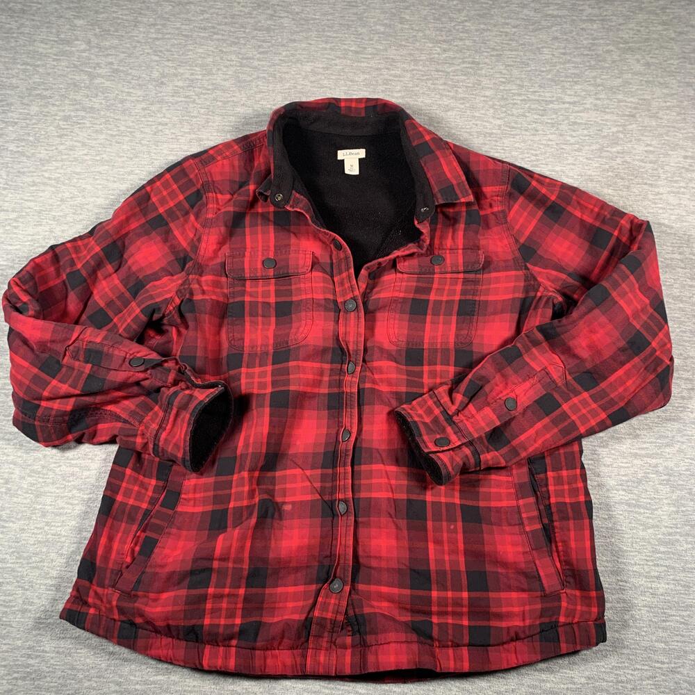 LL Bean Jacket Mens Medium Red Plaid Fleece Lined Snap Front Outdoor Workwear